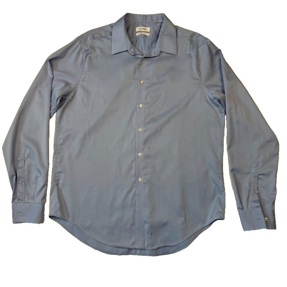 Calvin Klein No Iron Cotton Blue Long Sleeve Button Up Dress Shirt,Slim 17 36/37